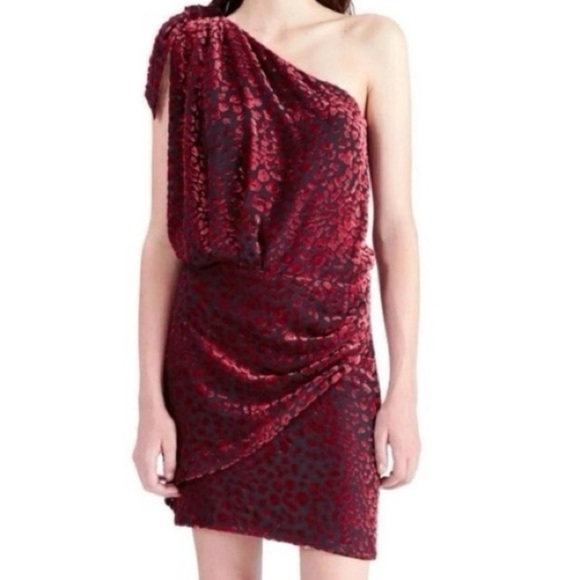 IRO Moon Velvet Animal Print Burgundy Burnout One Shoulder Mini Dress NWT Size 4 - Picture 10 of 10